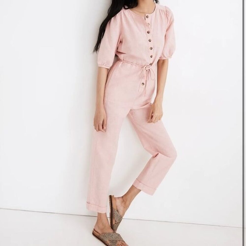 Linen-Blend Puff-Sleeve Tassel-Tie Jumpsuit, XS